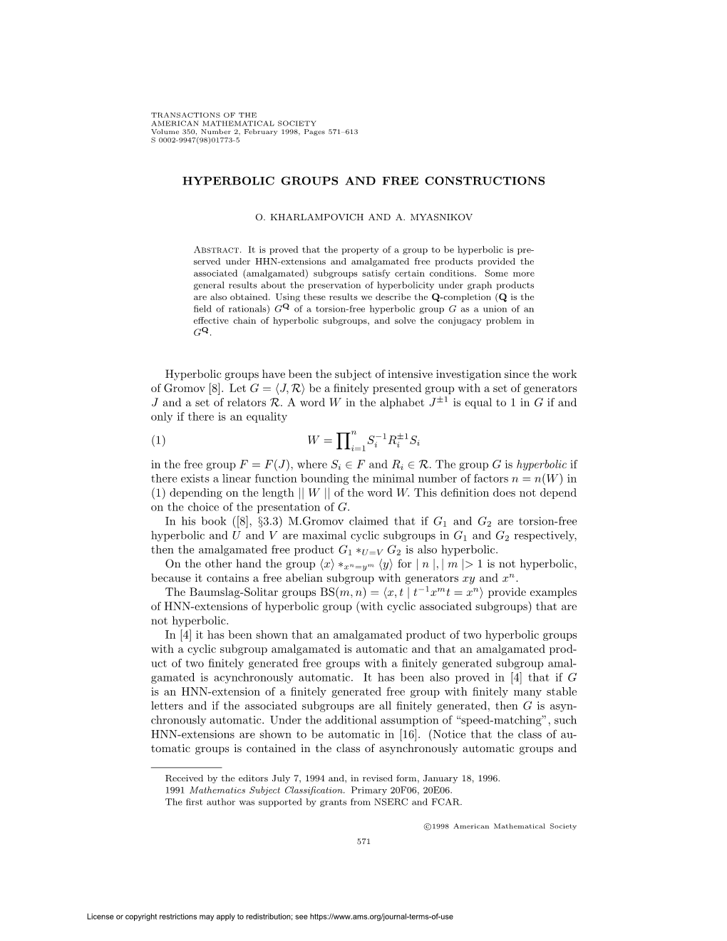 Hyperbolic Groups and Free Constructions