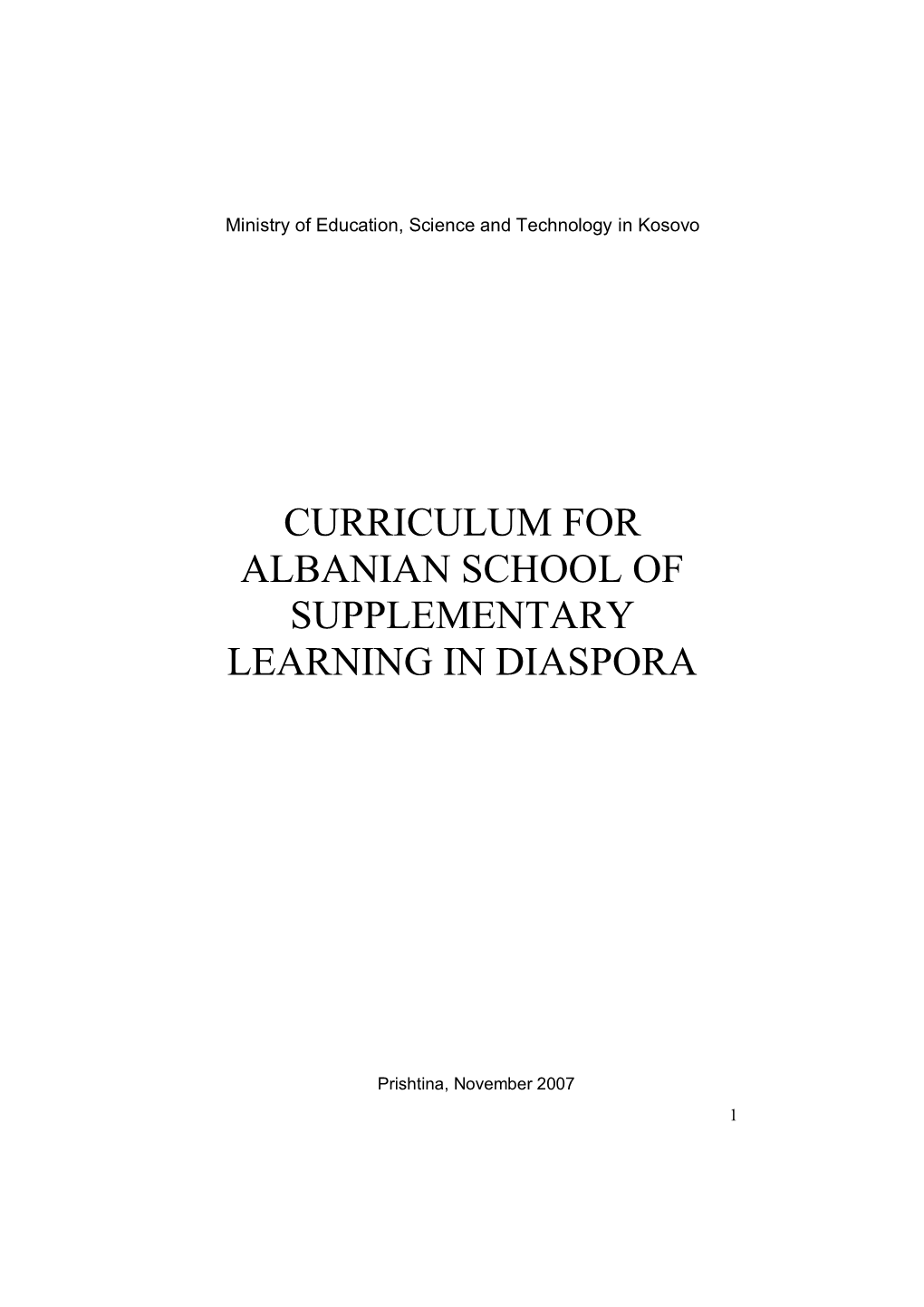 Curriculum for Albanian School of Supplementary Learning in Diaspora