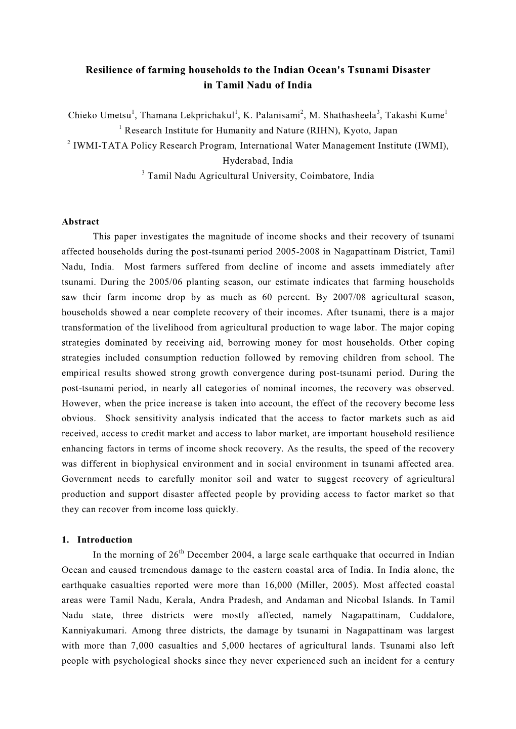 Resilience of Tsunami Affected Households in Coastal Region Of