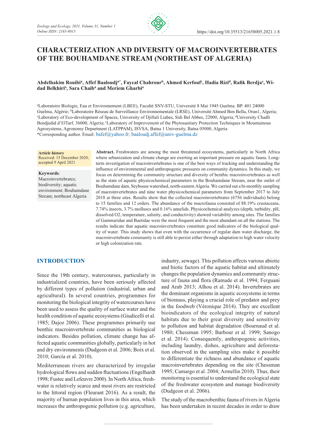 Characterization and Diversity of Macroinvertebrates of the Bouhamdane Stream (Northeast of Algeria)