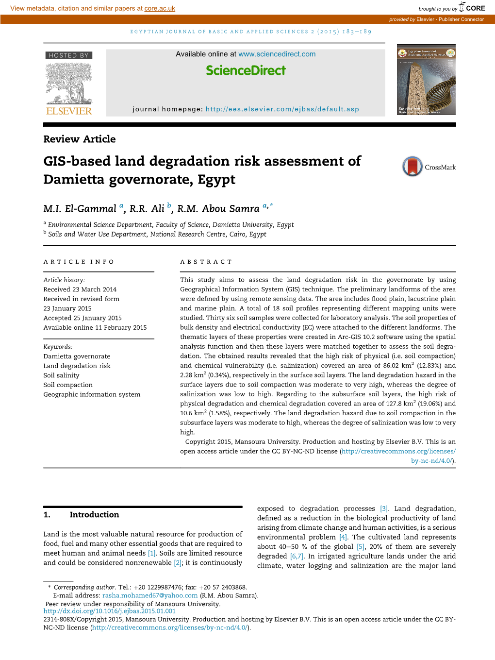 GIS-Based Land Degradation Risk Assessment of Damietta Governorate, Egypt