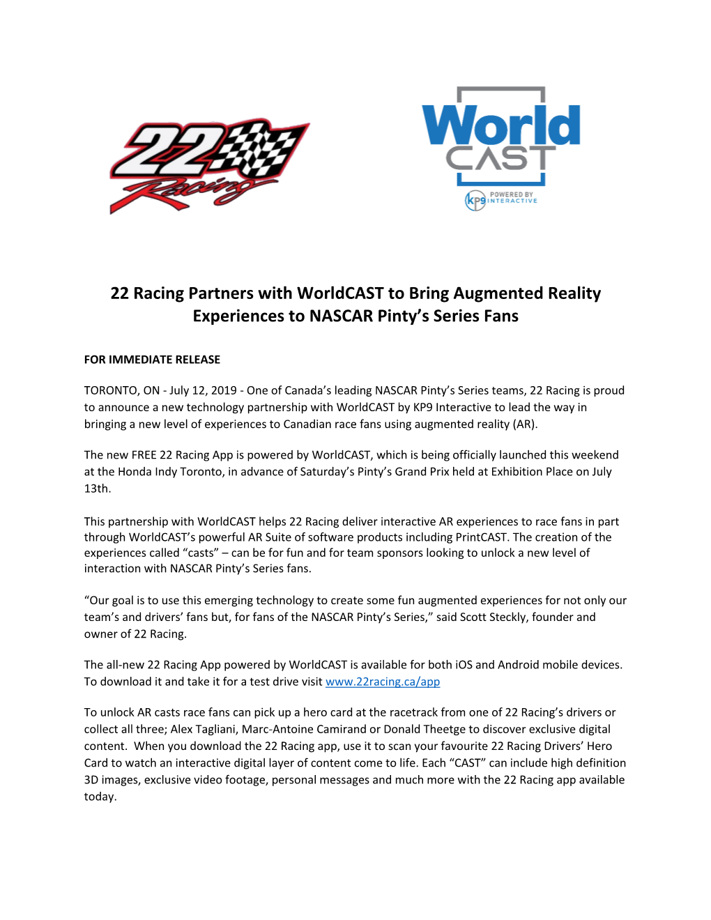 22 Racing Partners with Worldcast to Bring Augmented Reality Experiences to NASCAR Pinty’S Series Fans