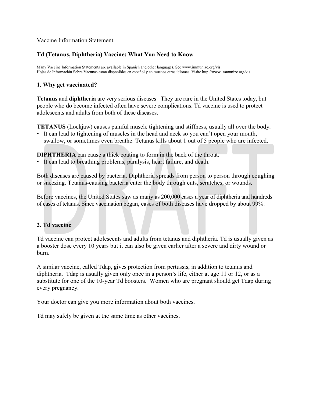 Vaccine Information Statement Td (Tetanus, Diphtheria)