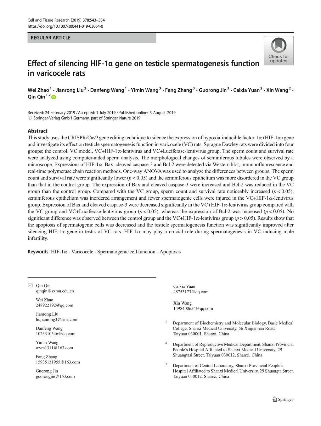 Effect of Silencing HIF-1Α Gene on Testicle Spermatogenesis Function in Varicocele Rats