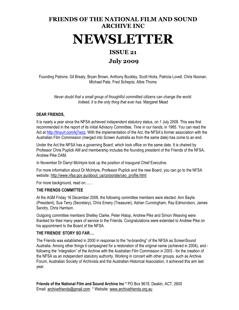 Download Newsletter 21 for July 2009