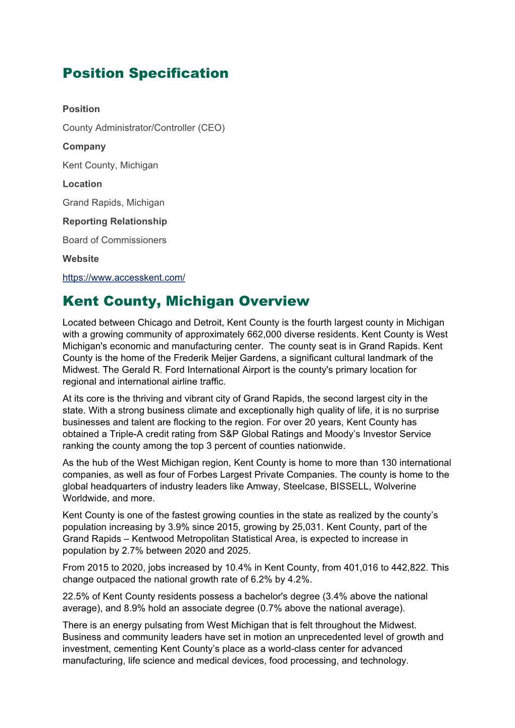 Position Specification Kent County, Michigan Overview