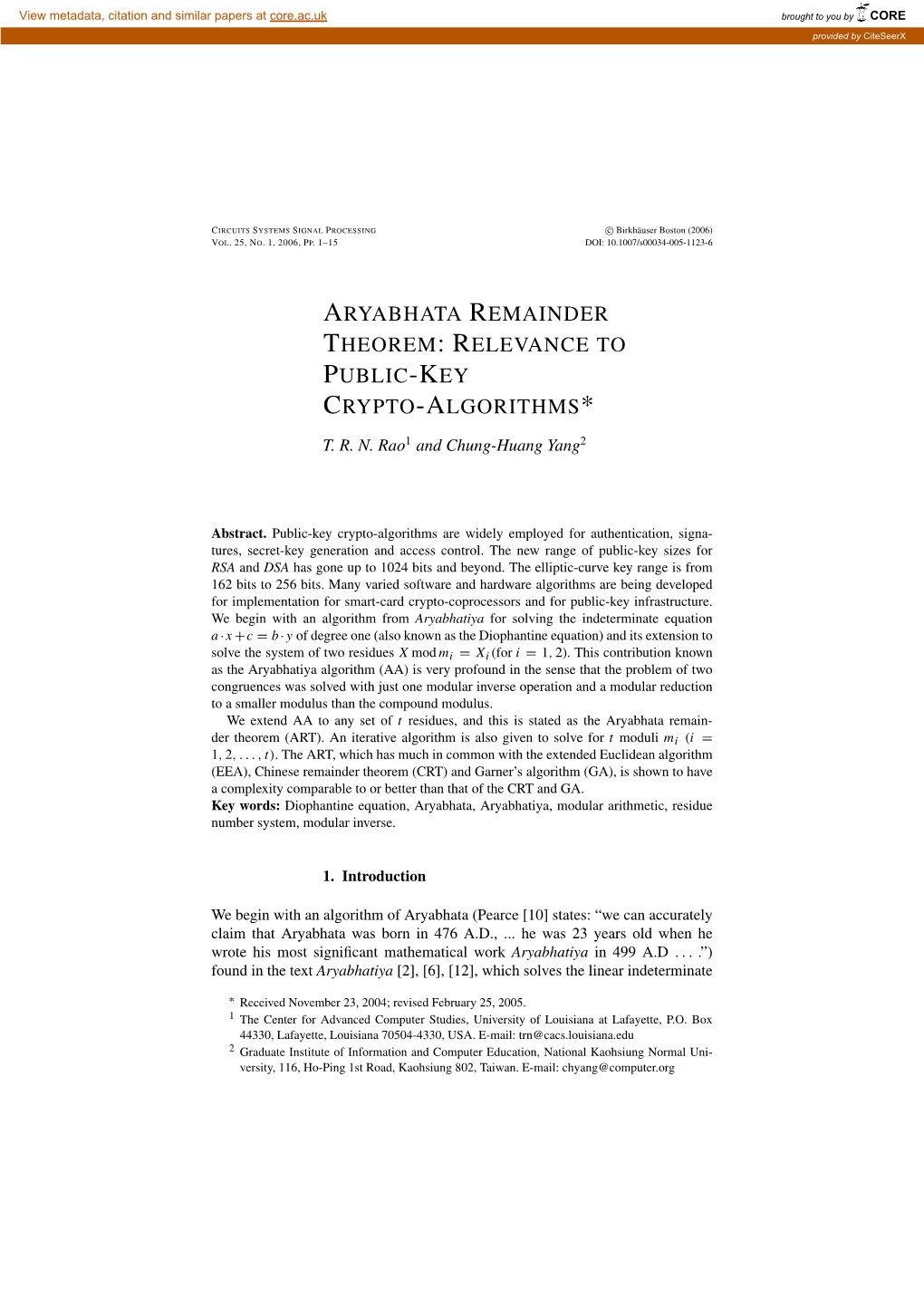 Aryabhata Remainder Theorem:Relevance to Public-Key Crypto-Algorithms*