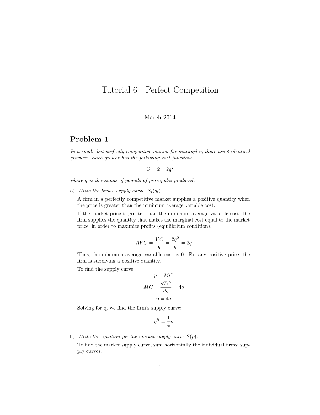 Tutorial 6 - Perfect Competition