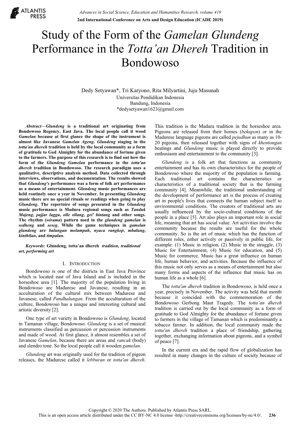 Study of the Form of the Gamelan Glundeng Performance in the Totta’An Dhereh Tradition in Bondowoso