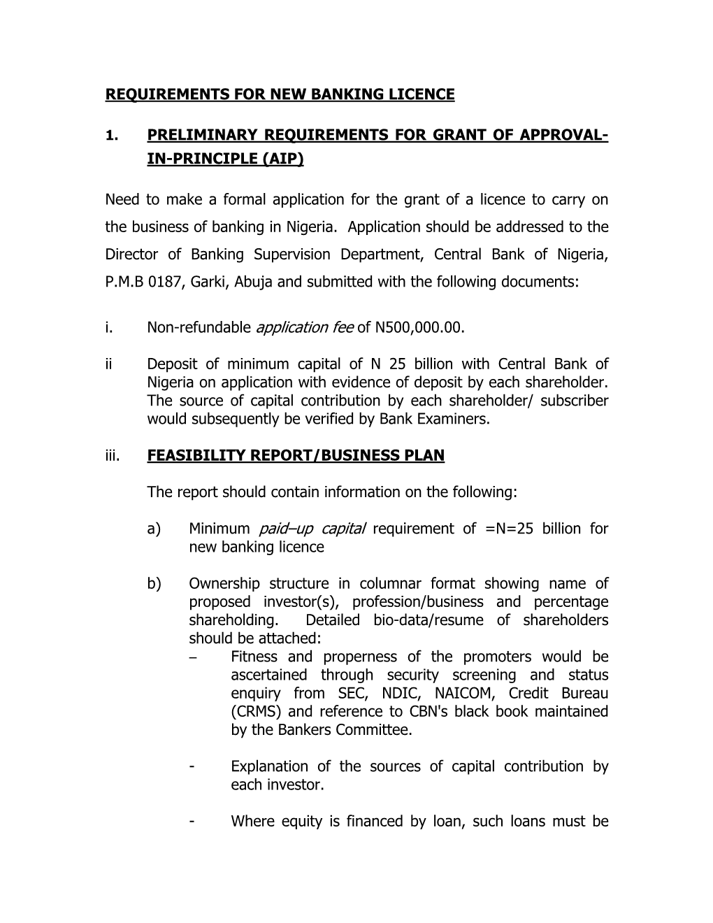 Requirements for New Banking License