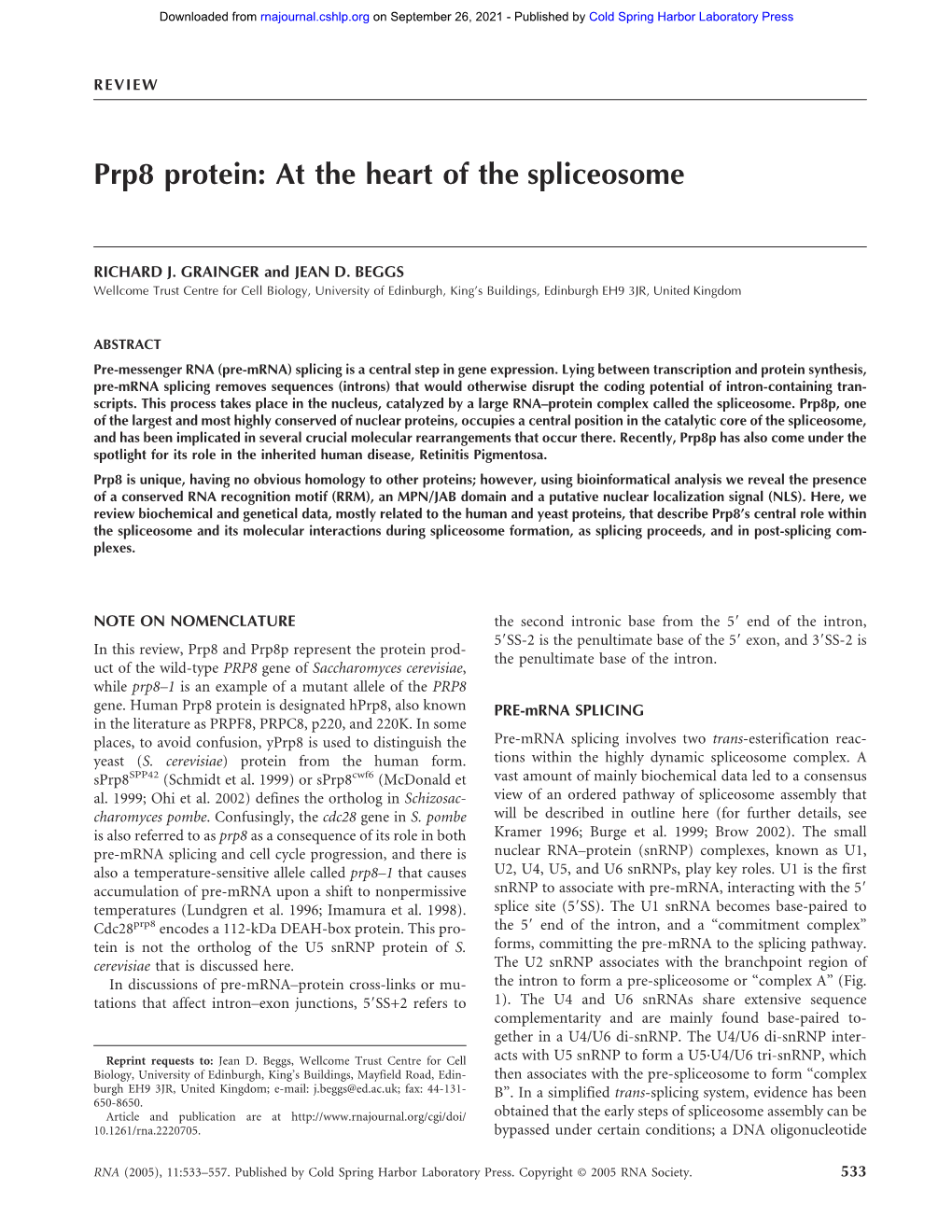 Prp8 Protein: at the Heart of the Spliceosome