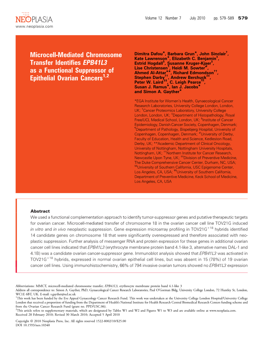 Microcell-Mediated Chromosome Transfer Identifies EPB41L3 As a Functional Suppressor of Epithelial Ovarian Cancers