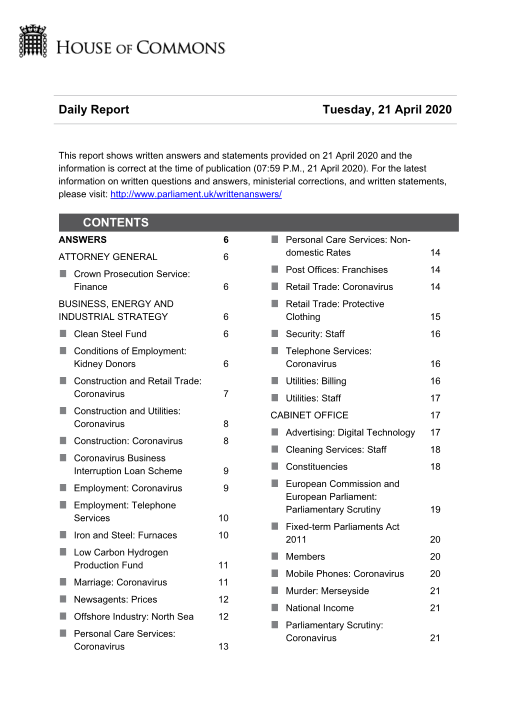 Daily Report Tuesday, 21 April 2020 CONTENTS