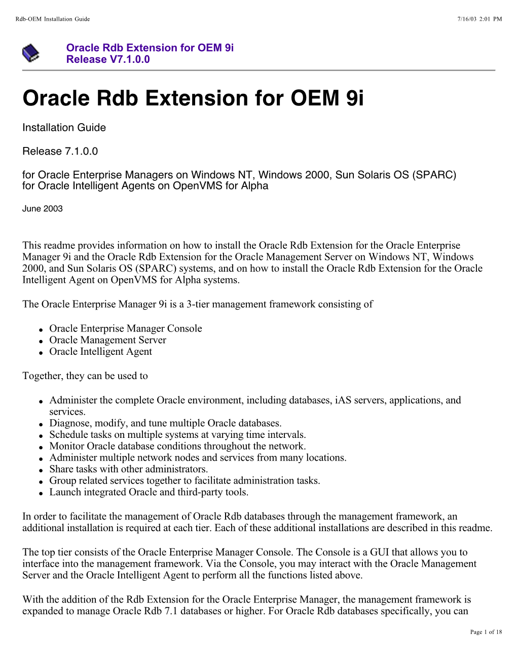 Oracle Rdb Extension for OEM 9I Release V7.1.0.0