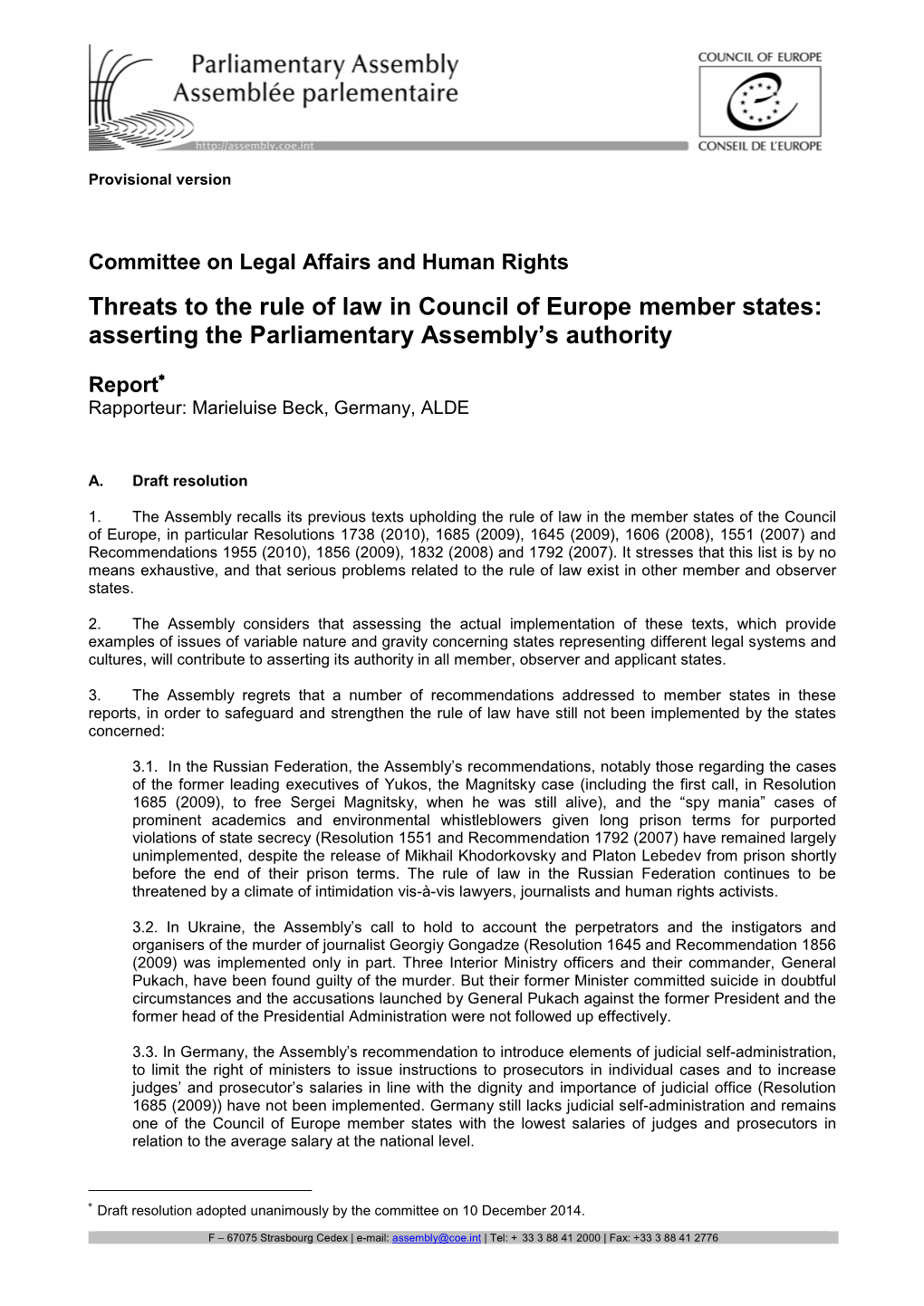 Threats to the Rule of Law in Council of Europe Member States: Asserting the Parliamentary Assembly’S Authority