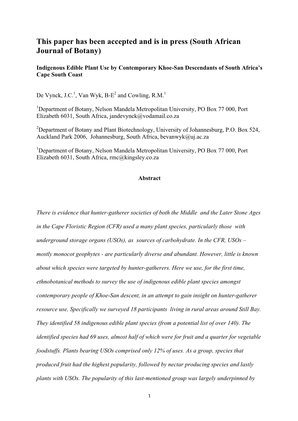 This Paper Has Been Accepted and Is in Press (South African Journal of Botany)