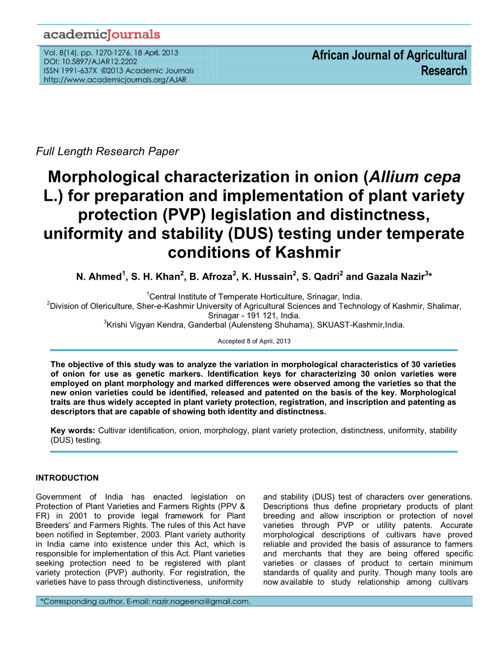 Morphological Characterization in Onion (Allium Cepa L.) For