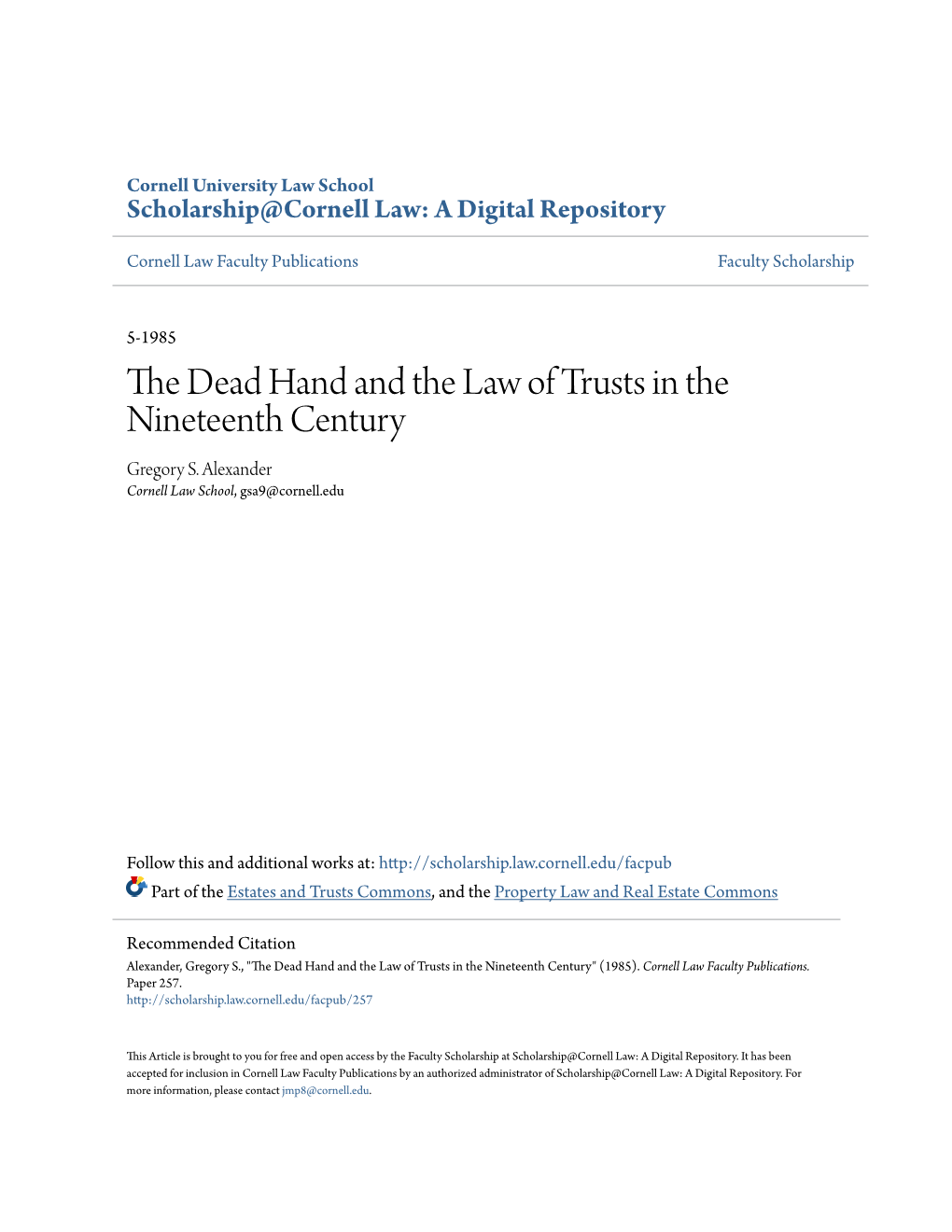 The Dead Hand and the Law of Trusts in the Nineteenth Century