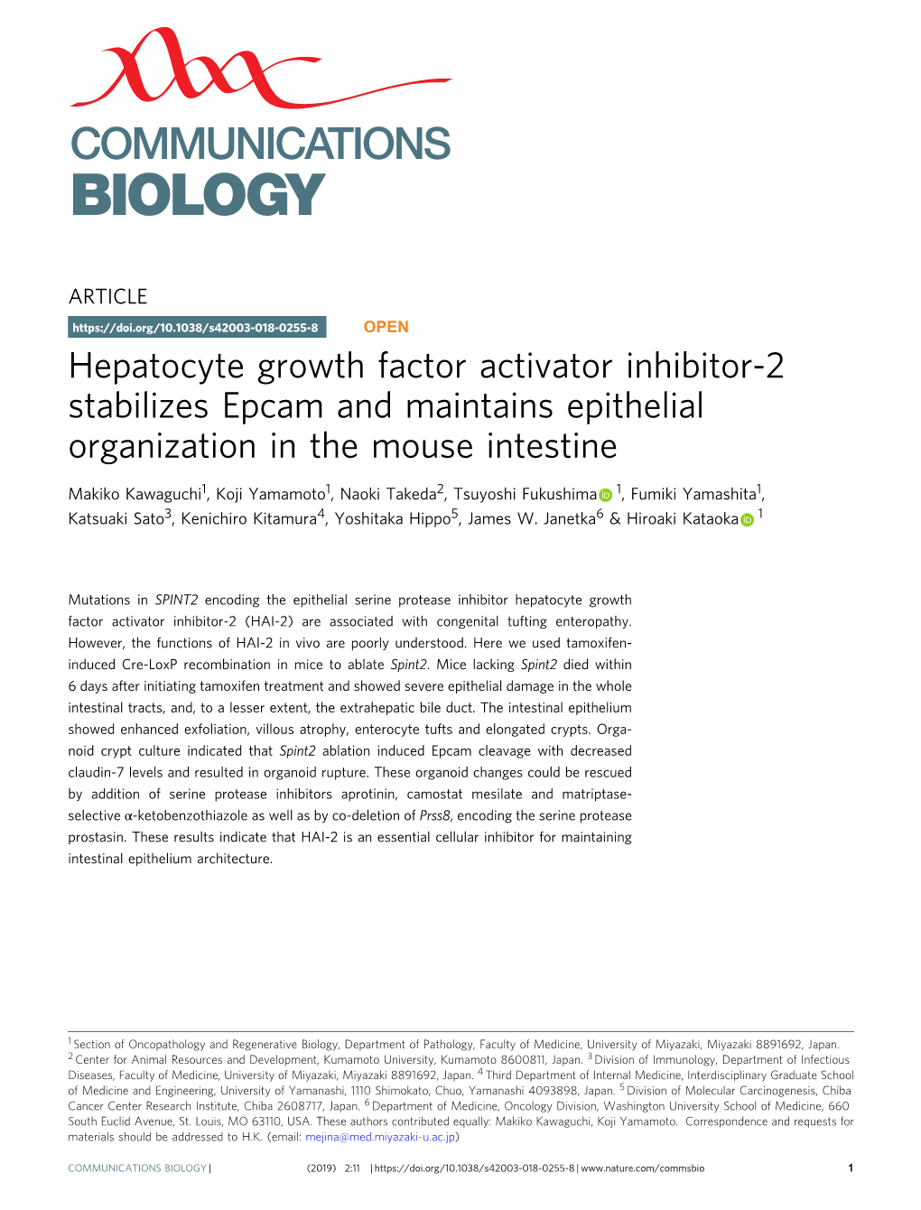 Hepatocyte Growth Factor Activator Inhibitor-2 Stabilizes Epcam and Maintains Epithelial Organization in the Mouse Intestine