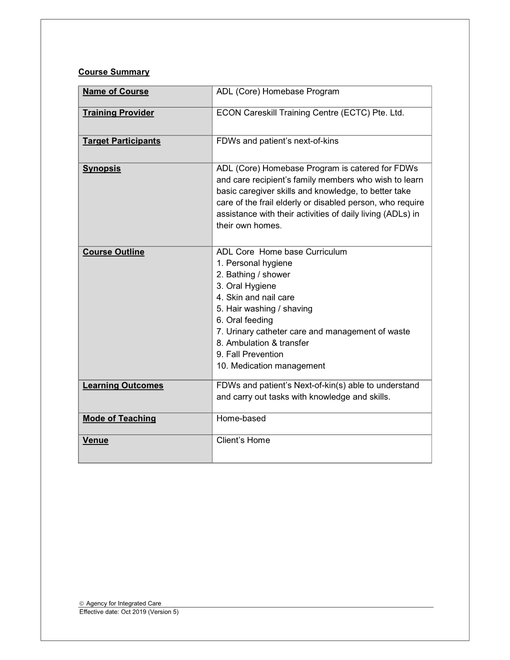 (Core) Homebase Program Training Provider ECON Careskill Training