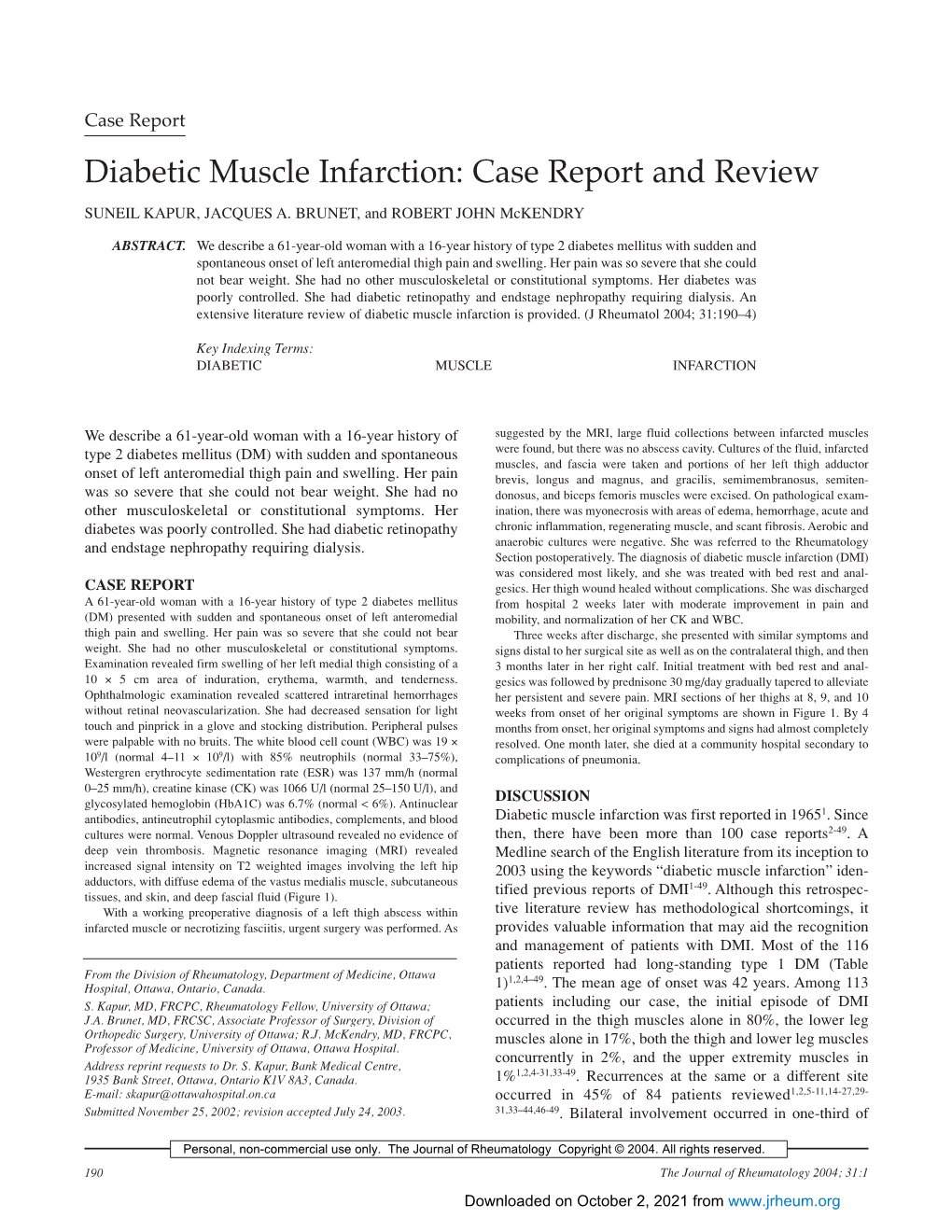 Diabetic Muscle Infarction: Case Report and Review SUNEIL KAPUR, JACQUES A