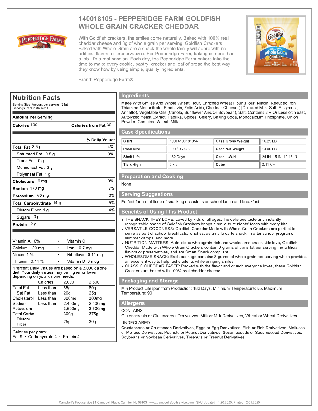 140018105 - Pepperidge Farm Goldfish Whole Grain Cracker Cheddar