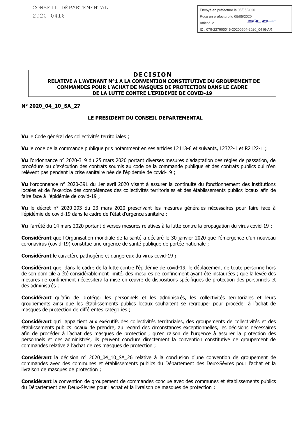 Decision Conseil Départemental 2020 0416