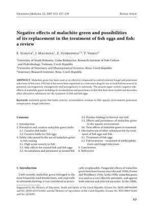 Negative Effects of Malachite Green and Possibilities of Its Replacement in the Treatment of Fish Eggs and Fish: a Review