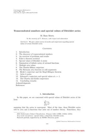 Transcendental Numbers and Special Values of Dirichlet Series