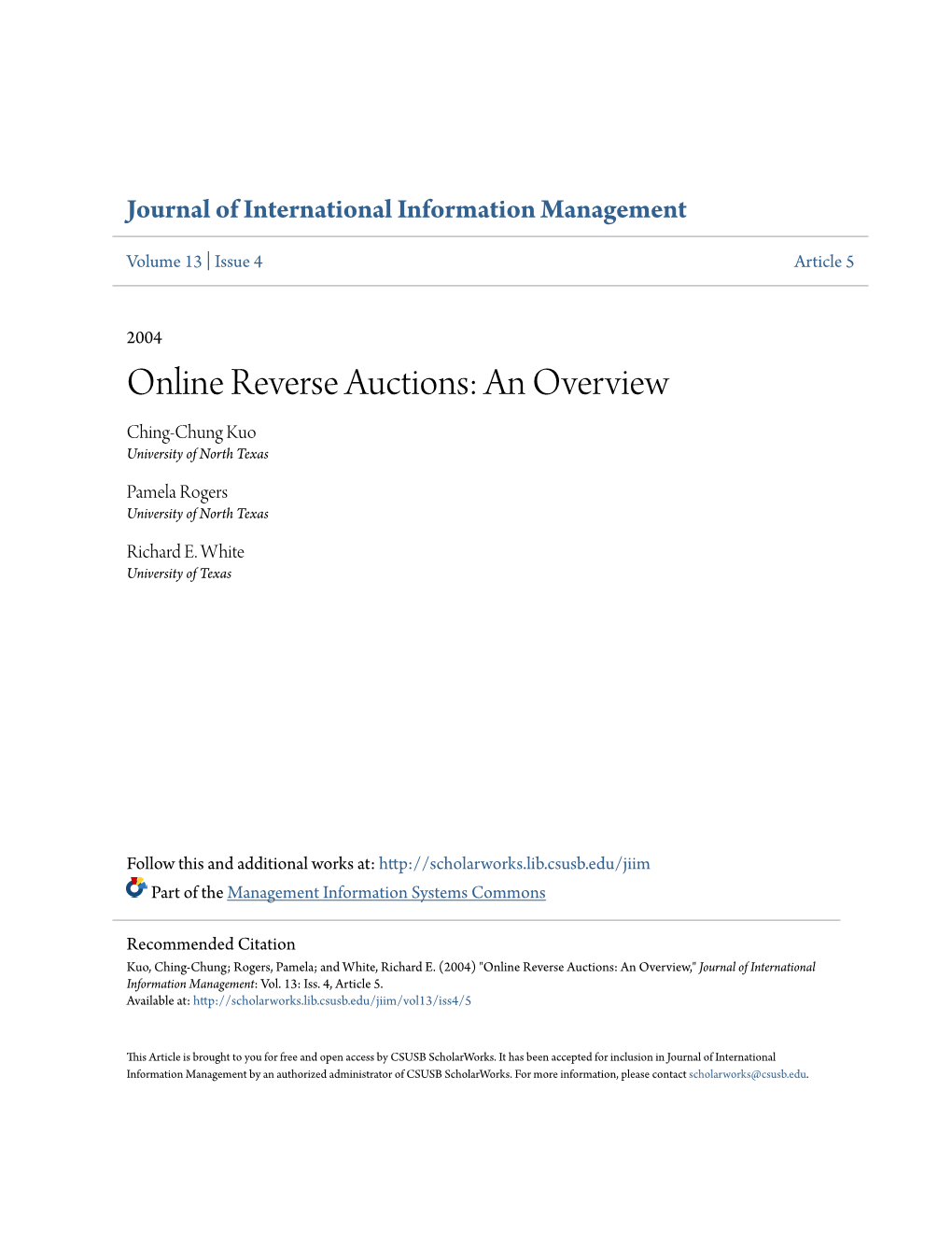 Online Reverse Auctions: an Overview Ching-Chung Kuo University of North Texas