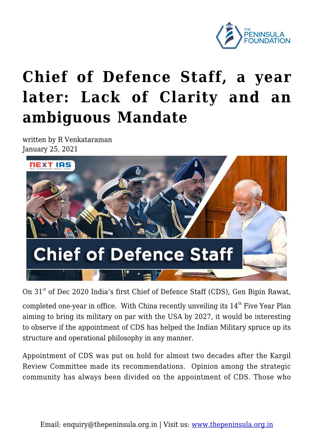 Chief of Defence Staff, a Year Later: Lack of Clarity and an Ambiguous Mandate Written by R Venkataraman January 25, 2021