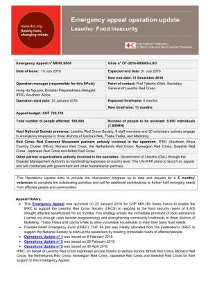 Emergency Appeal Operation Update Lesotho: Food Insecurity
