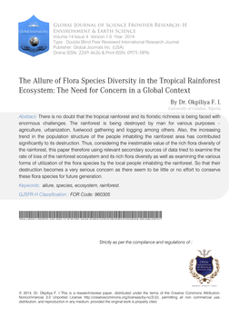 The Allure of Flora Species Diversity in the Tropical Rainforest Ecosystem: the Need for Concern in a Global Context by Dr