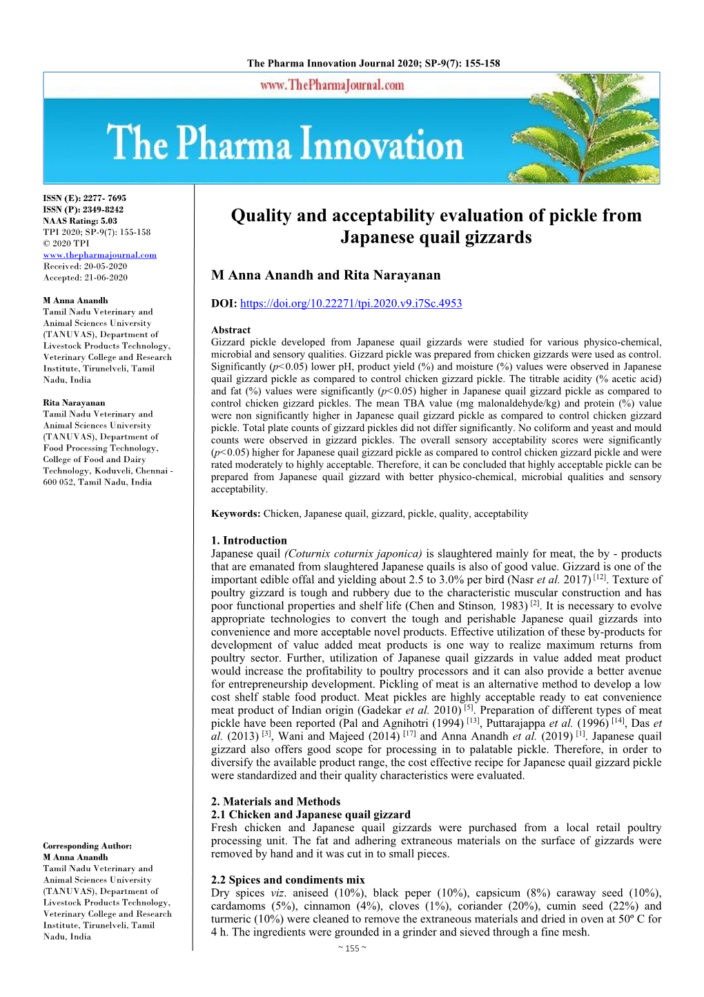 Quality and Acceptability Evaluation of Pickle from Japanese Quail Gizzards