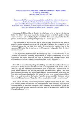 Del Piero Keen to Bend It Around Chelsea Hurdle” Written by Jan Hawkey on Gulf News, February 25Th 2009