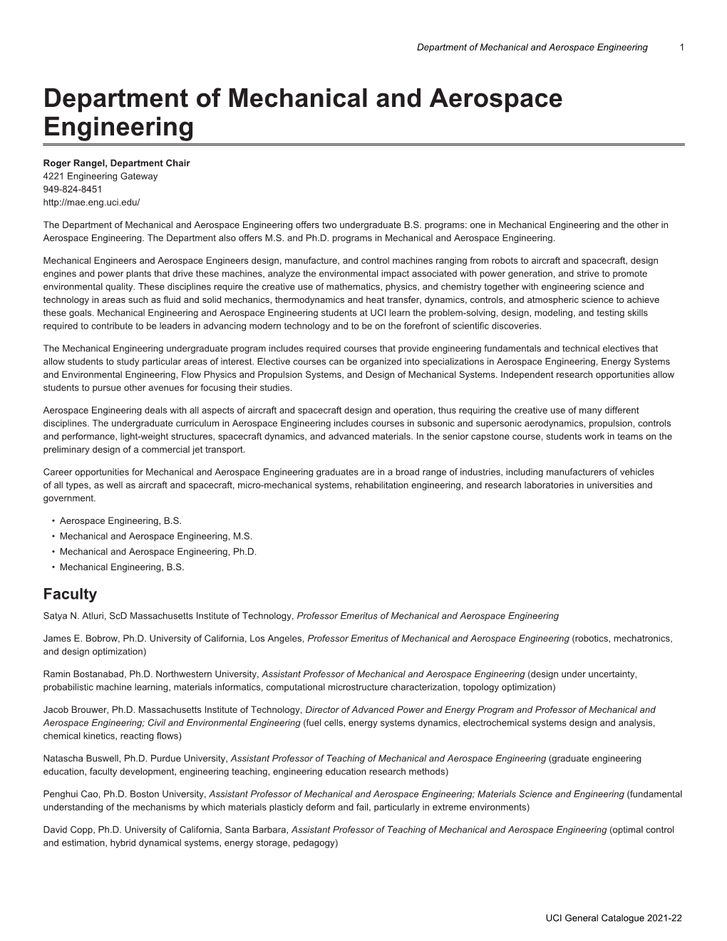 Department of Mechanical and Aerospace Engineering 1