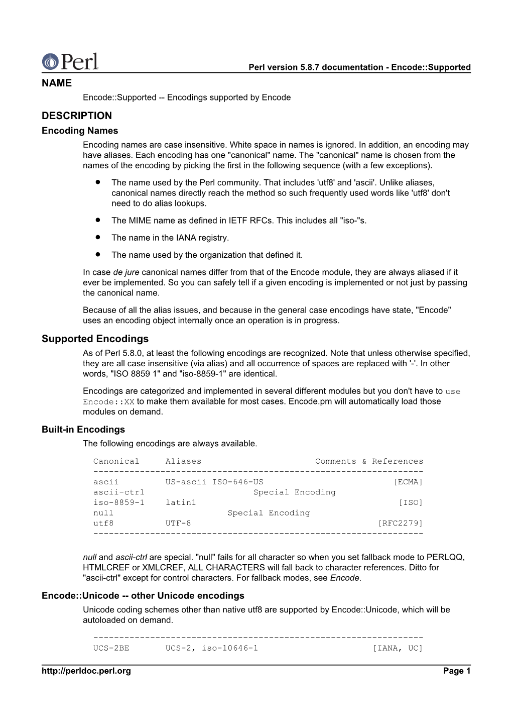 NAME DESCRIPTION Supported Encodings