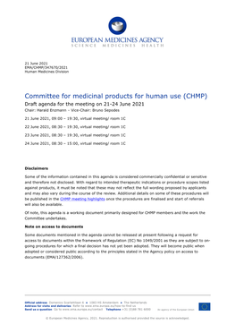 (CHMP) Agenda for the Meeting on 21-24 June 2021