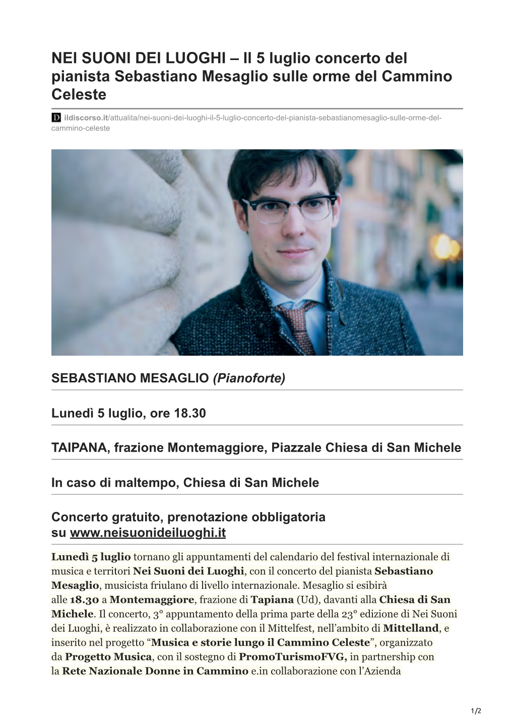 Il 5 Luglio Concerto Del Pianista Sebastiano Mesaglio Sulle Orme Del Cammino Celeste