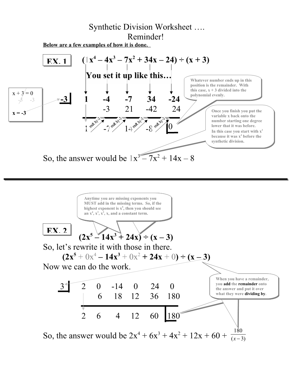 Synthetic Substitution Worksheet