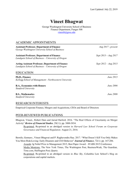 Vineet Bhagwat George Washington University School of Business Finance Department, Funger 508 Vineetb@Gwu.Edu