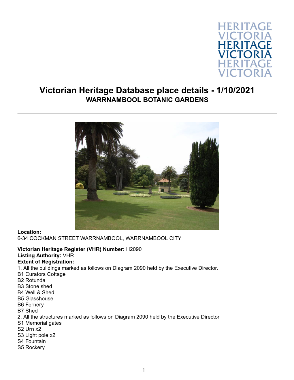 Victorian Heritage Database Place Details - 1/10/2021 WARRNAMBOOL BOTANIC GARDENS