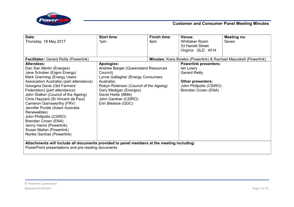 Customer and Consumer Panel Meeting Minutes