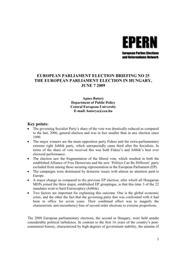 The European Parliament Election in Hungary, June 7 2009