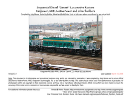 Genset” Locomotive Rosters Railpower, NRE, Motivepower and Other Builders Compiled by Jody Moore