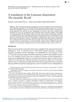 A Translation of the Linnaean Dissertation the Invisible World