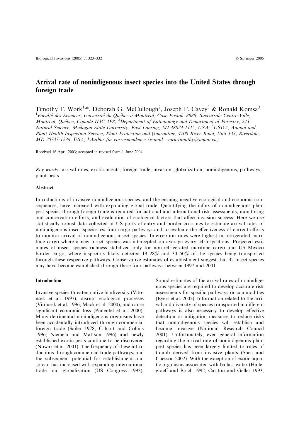 Arrival Rate of Nonindigenous Insect Species Into the United States Through Foreign Trade