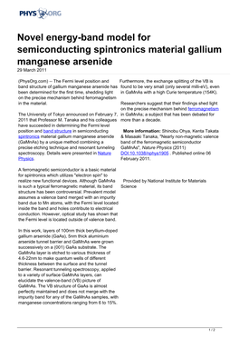 Novel Energy-Band Model for Semiconducting Spintronics Material Gallium Manganese Arsenide 29 March 2011