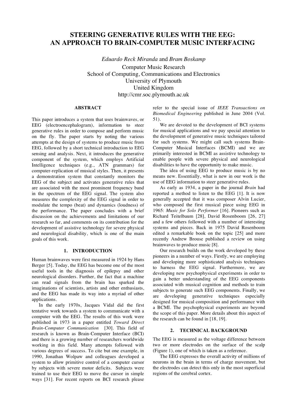 Steering Generative Rules with the Eeg: an Approach to Brain-Computer Music Interfacing