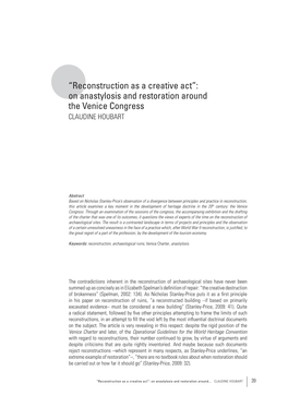 “Reconstruction As a Creative Act”: on Anastylosis and Restoration Around the Venice Congress CLAUDINE HOUBART